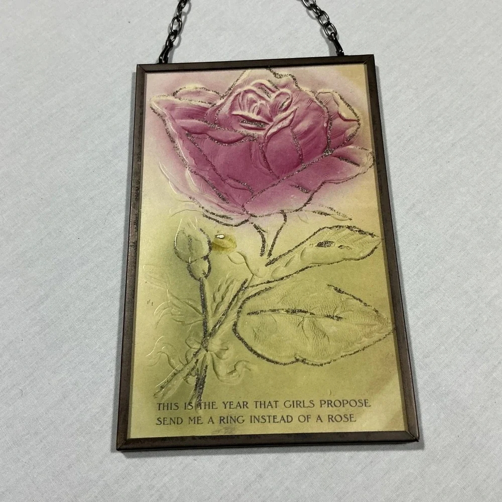 Antique‎ 1910 Rose Postcard Framed Glass Hanging Display Franklin Stamp